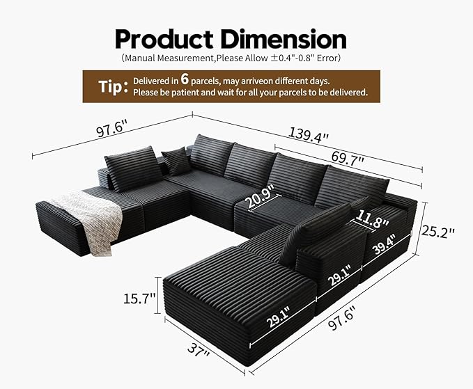 139.4 Cloud Sectional Sofa for Living Room Plush Corduroy Cover Fluffy Memory Foam Cushions No Assembly Required U Shaped Modular Chaise Lounge Oversized Comfortable Couches Set Black
