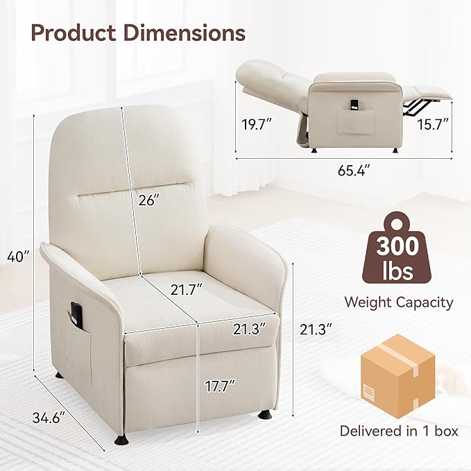 Power Recliner Chair for Adults Modern Reclining Single Sofa with Curved Armrest Comfy Ergonomics Electric Recliner with Side Pockets Adjustable Reading Chair for Living Room Bedroom Chenille Beige