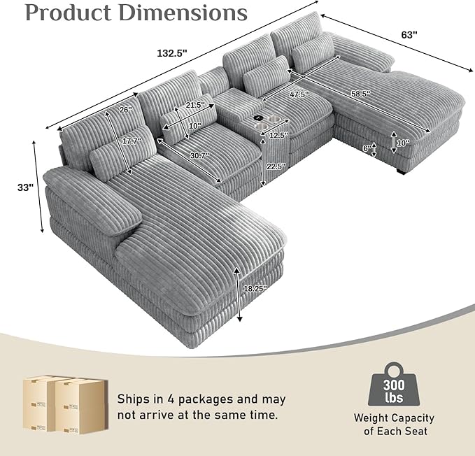 132 U Shaped Cloud Couch SectionalFluffy Plush 4 Seat Corduroy Sectional Couches for Living RoomComfy Corduroy Sofa with Double Chaise Lounge Storage Console Cup Holders USB Port（Grey）