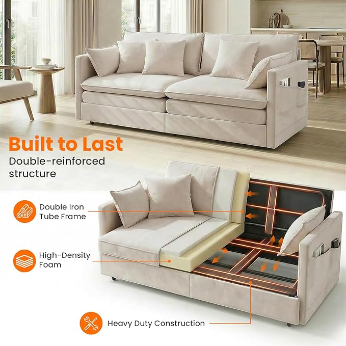 CECER 78 King Size Pull Out Sofa BedIce Velvet Pull Out Couch with Side Pocket3-in-1 Convertible Sleeper Sofa with 4 Pillows for Small Space/Living Room/Bedroom（Beige）