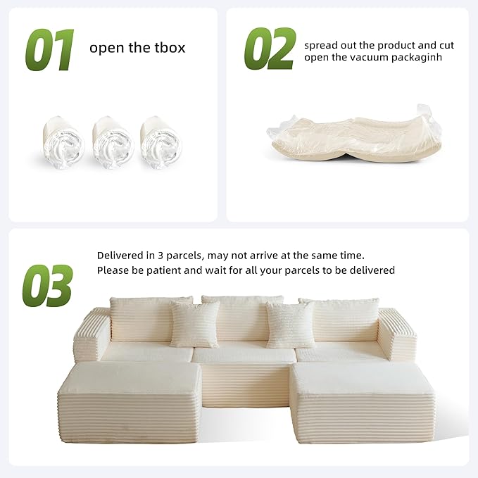 110 Modular Sectional Couch with 2 Movable Ottoman Cloud Sofa Couches for Living Room U Shaped Deep Seat Boneless SofaLuxury Corduroy Fabric No Assembly Required White