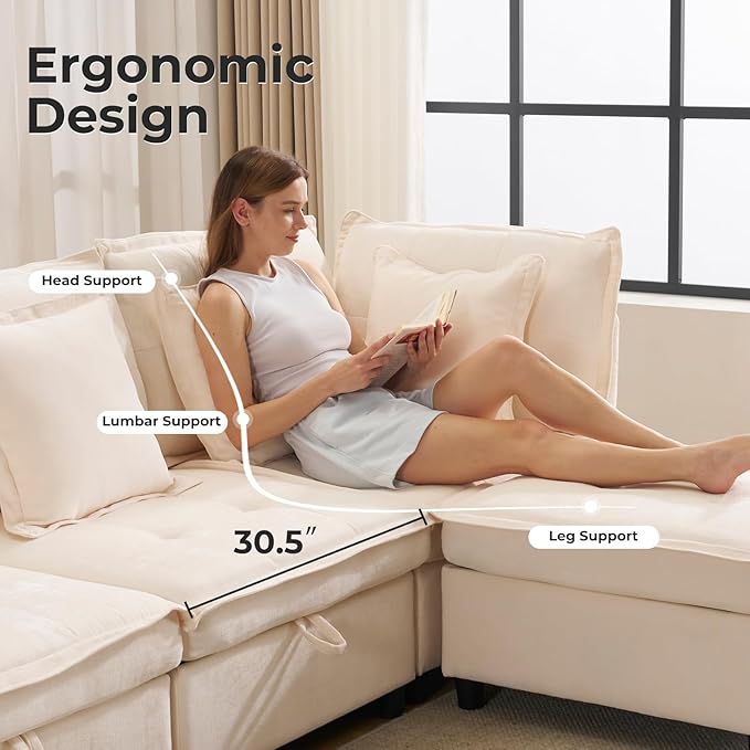 133'' Modular Sectional Sofa Oversized U Shaped Couch with Storage Ottoman Comfy Chenille Sofa with Deep Seat 6 Seat Convertible Couches with Throw Pillows for Living Room Beige