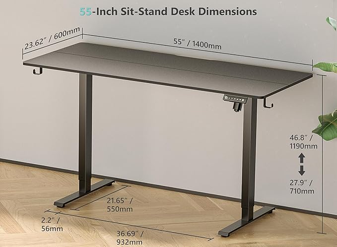 55 x 24 Inch Electric Standing Desk with 4 Wheels Height Adjustable Desk for Home Office Sit Stand Desk with 4 Memory Presets Headphone Hooks and Cable Clips Splice Board Black