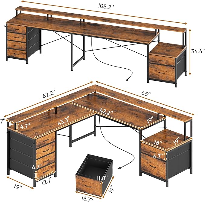 SEDETA L Shaped Desk with 6 Drawer 108 Home Office Desk with File Drawer &amp Power Outlet Corner Computer Desk with Monitor Shelf Two Person Desk Gaming Desk with Led Lights Rustic Brown