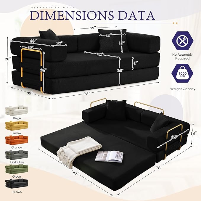 Convertible Folding Sofa Bed Corduroy Sleeper Mattress Couch with Fixed-Shape Frame Free Combination Loveseat Lounge Floor Sofa Queen Size Memory Foam Couch for Living Room Bedroom Carbon Black