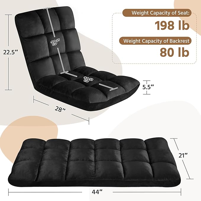 Topeakmart Living Room Floor Chair Folding Padded Lounge Chair with 14 Adjustable Position Meditation Chair Gaming Sofa with Backrest Lazy Sleeper Recliner for Living Room Bedroom Black 2pcs