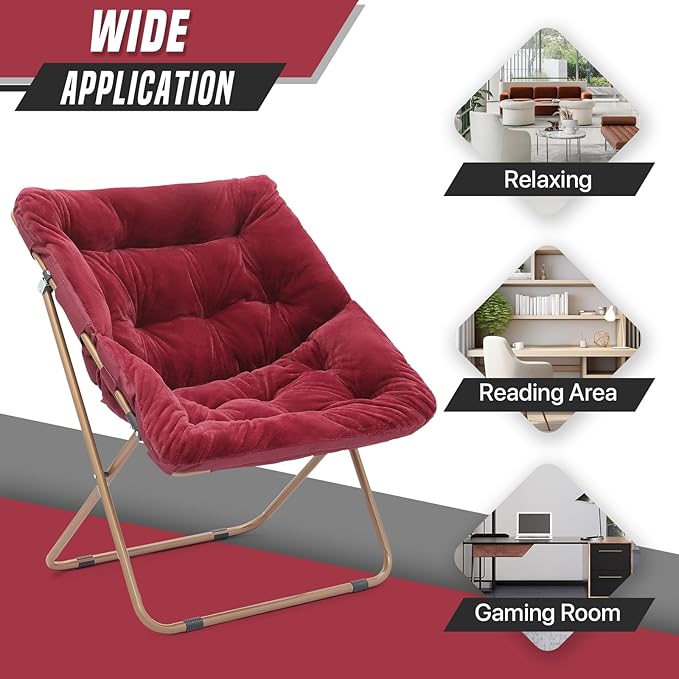 Foldable Oversized Moon Chair Large Soft Lazy Cozy Comfortable Faux Fur Square Saucer Moon Chair for Teens and Adults Burgundy