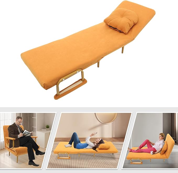 Folding Sofa Bed Convertible Chair with 5-Position Adjustable Backrest &amp Pillow 3 in 1 Sleeper Chair Bed for Living Room Bedroom Office (Orange)
