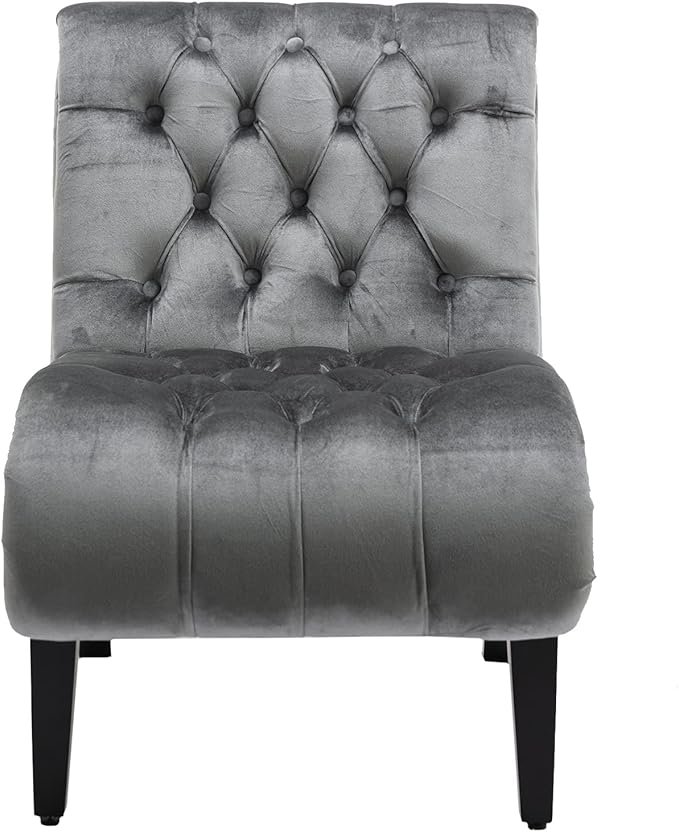 Modern Velvet Armless Accent Living Room Chair Leisure ChairUpholstered Fabric Button Comfortable Chair with Wooden Legs for Bedroom Living Room Office (Silver Velvet)