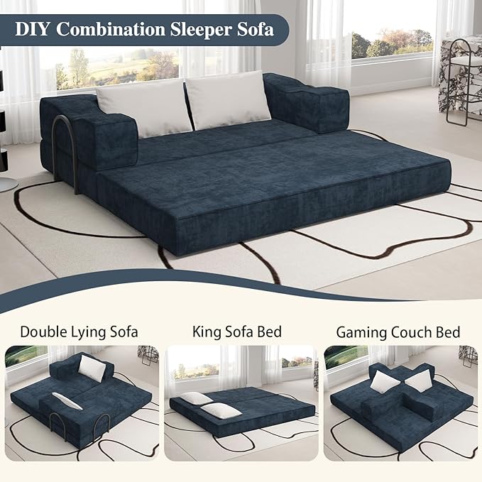 80 Convertible Sofa Bed Sleeper King Size Foldable Futon Couch with Memory Foam &amp 2 Pillows Chenille Fabric Modular Loveseat for Small Spaces Apartment Living Room Studio (Blue 80in)