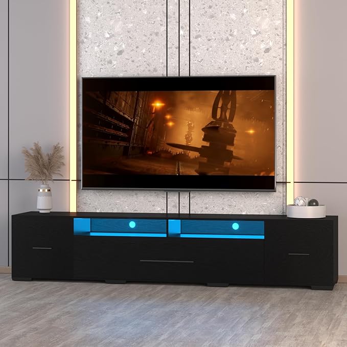 LED TV Stand for 55 65 75 85 Inch TV Minimalism Entertainment Center with LED Light Symmetric Assembled TV Console TV Table with Large Storage for 60 70 80 Inch TV for Living Room Black