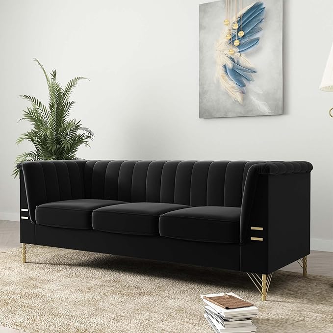 Tomkate 83 Black Velvet Chesterfield Sofa Mid-Century Modern Tufted 3-Seater Couch with Flared Arms Removable Cushions &amp Gold Metal Legs for Living Room (Black)