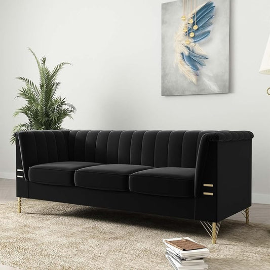 Tomkate 83 Black Velvet Chesterfield Sofa Mid-Century Modern Tufted 3-Seater Couch with Flared Arms Removable Cushions &amp Gold Metal Legs for Living Room (Black)