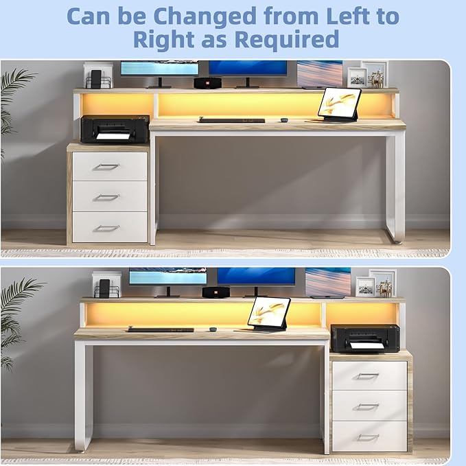 67'' Home Office Desk with Drawers Computer Desk with Drawers and LED Lights Long Desk with Moniter Stand White and Walnut