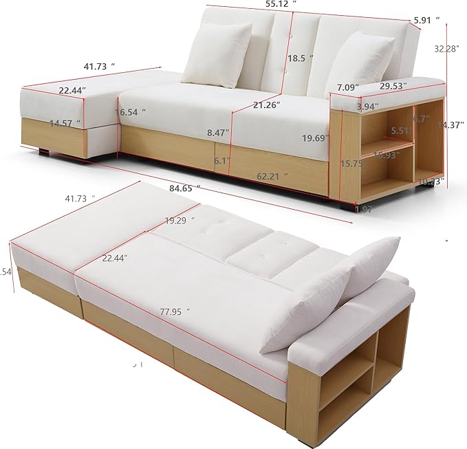 Sofa 84.65 Convertible Sofa Bed with Storage Ottoman Adjustable Armrest &amp Coffee Table - Perfect for Small Apartments 2 Drawers Soft Cotton Linen Fabric Solid Wood FrameBeige
