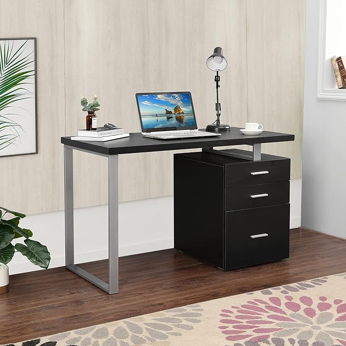 47.5 Office Desk Home Computer Desk with Reversible File Cabinet with Sliding Track Drawers Wooden Laptop Table with Metal Leg for Study Work