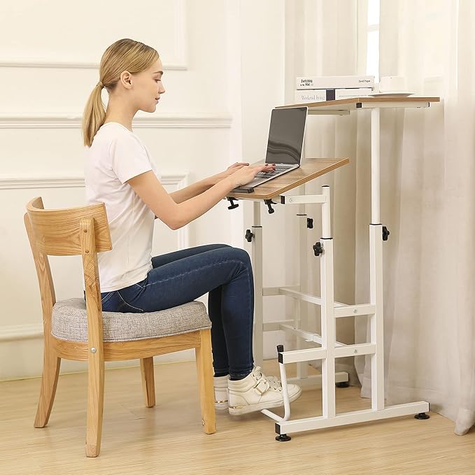 SDADI L101XWFDT Adjustable-Height Steel-Framed Mobile Standing Office Computer Desk with 2 Tiers and Lockable Caster Wheels Dark Grain