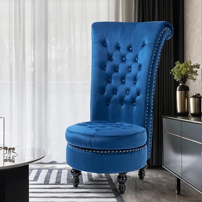 AVAWING High Back Throne Chair Velvet Armless Royal Accent Chair w/Storage Nailhead Trim &amp Rubberwood Legs for Living Room &amp Bedroom Blue
