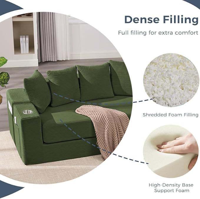 Anwick 2-in-1 Convertible Sleeper Sofa Bed Corduroy Boneless Loveseat Cloud Couch for Living Room Compressed Sofa in a Box 5 Pillows Fixed Frames Side Pockets &amp Cup Holders No Assembly (Gree