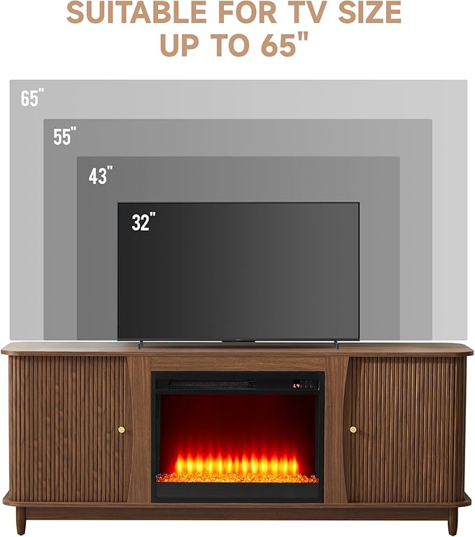 Fireplace TV Stand Fluted TV Stand with Storage and Sliding Door Farmhouse Entertainment Center Media Console Table for Living Room (Walnut)