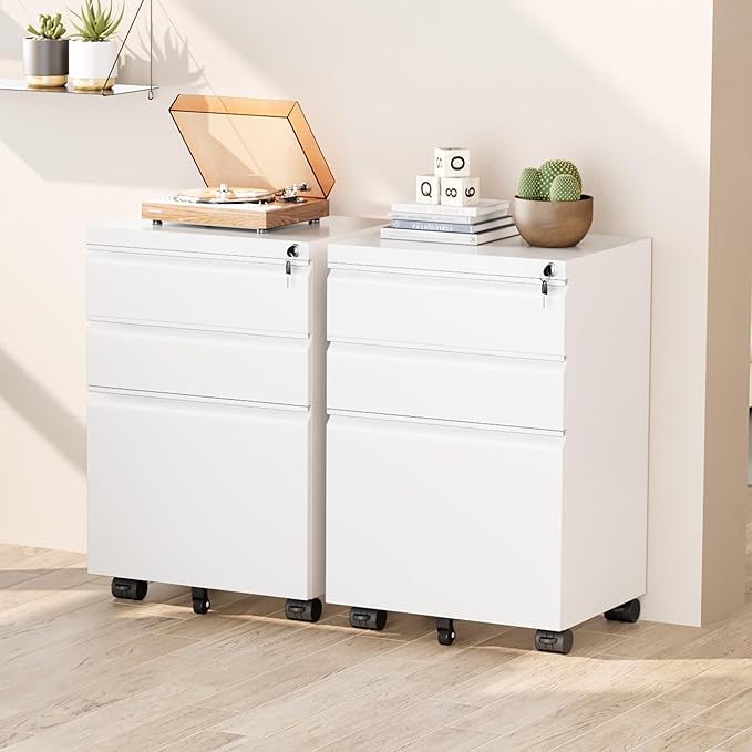 Greenvelly 3 Drawer Mobile File Cabinet with Lock Fully Assembled Rolling File Cabinet Except Casters Under Desk File Cabinet with Wheels for Home Office Fit Legal/Letter/A4 File (Assembled White)