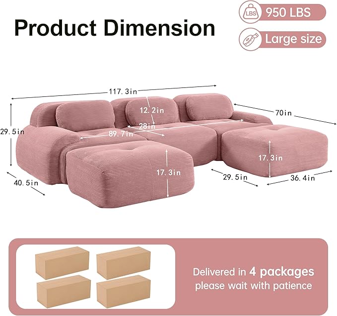 117.3 U-Shaped Cloud Couch Modular Sectional Sofa - Boneless Deep Seat 3-Seater with 2 Movable Ottomans No Assembly Corduroy Upholstery Couches for Living Room (Pink)