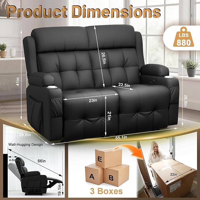 Reclining Loveseat Wall-Hugger Loveseat Recliner Design with USB/Type C Charging &amp Storage &amp Cupholder Pebble-Weave Fabric Recliner Sofa Couch for Living Room Home Theater &amp RV Use