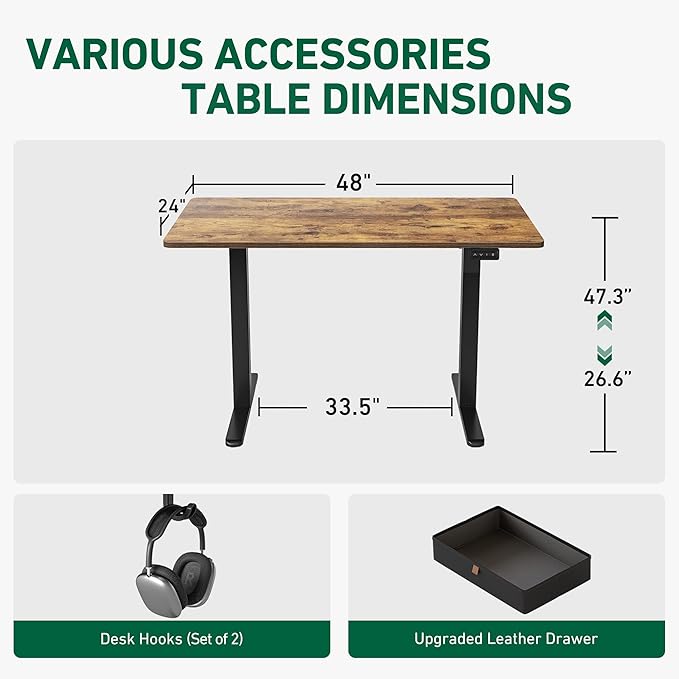 FEZIBO 48 x 24 Inch Standing Desk with Drawer Sit Stand Computer Desk Ergonomic Workstation Home Office Stand Up Table with Storage &amp2 Hooks Rustic Brown
