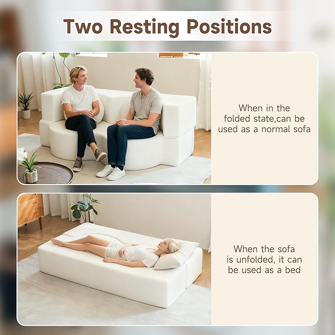 2-in-1 Convertible Folding Sofa Bed Sleeper Sofa with Pillow Teddy Fabric High-Density Foam Floor Mattress Sleeper for Living Room Guest Use Office Apartment No Assembly Required (Beige)