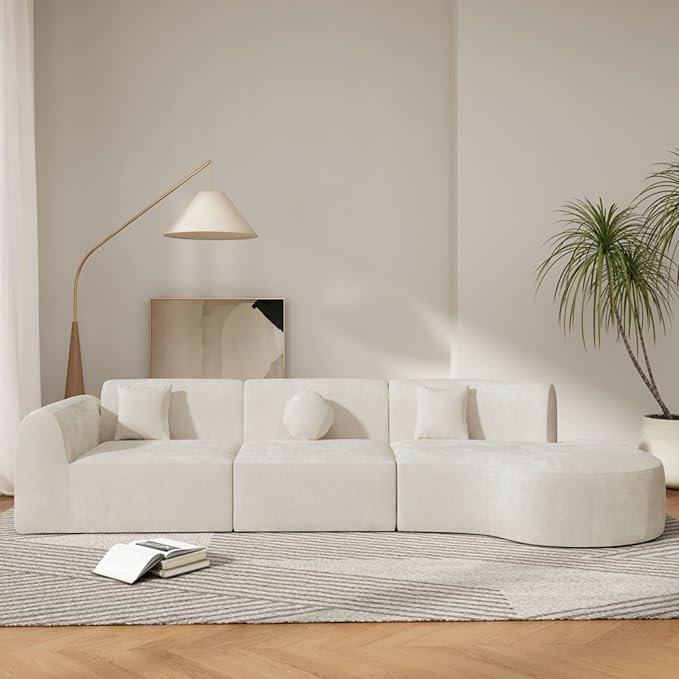 140 Modern Curved Sectional Sofa with High-Density Fully Compressed Sponge and Chaise Lounge 3-Piece Set Fully Assembled Right Hand Facing Perfect for Living Room Lounge (Beige)