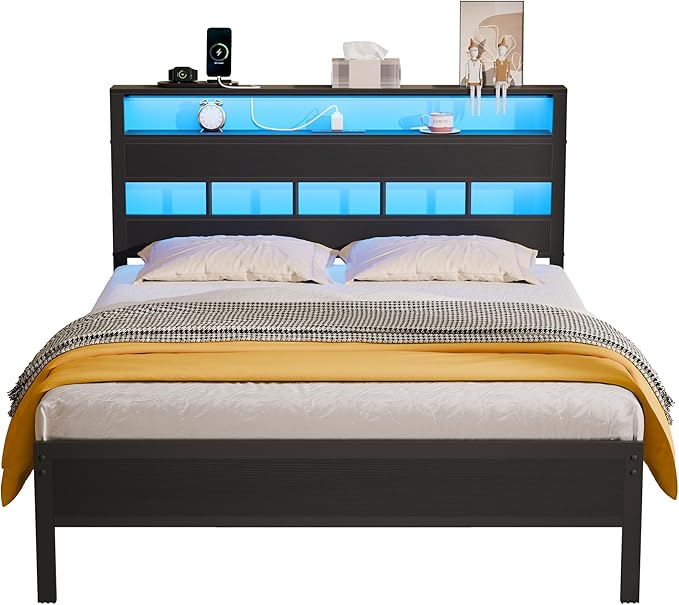 Furnulem Full Size Bed Frame with LED Light and Charging Station Wood Storage Headboard with 2-Tier Shelves Metal Platform Bed with Heavy Duty Slats Support No Box Spring Needed Black Oak