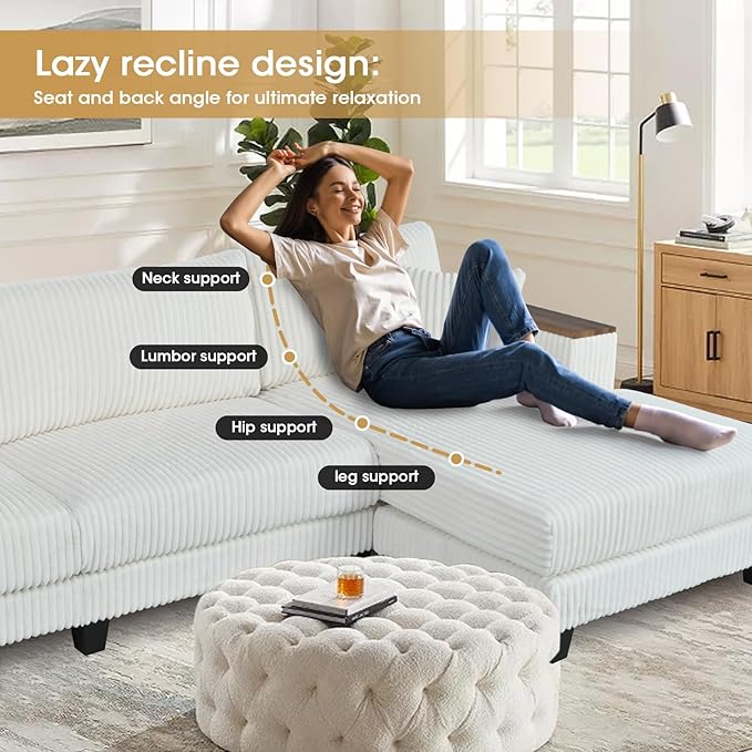 114.5” Corduroy Couch Sectional with Reversible Chaise with 2 Pillows Oversized Couch L Shaped Sofa with Two Armrests Hidden Storage Space Sectional Couches for Living Room White