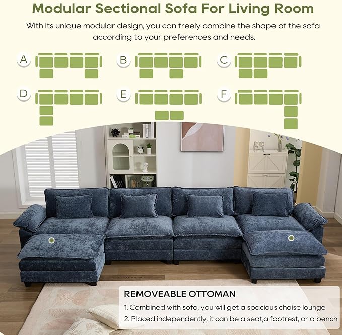 IPKIG 154 Modular Sectional Sofa Cloud Couch Chenille Large U-Shaped Couch Comfy Upholstered 4-Seat Sofa with 2 Ottoman 4 Lumbar Pillow Deep Seat Sofa for Living Room (Blue)