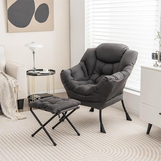 Single Lazy Sofa Chair w/Foldable Ottoman Modern Lounge Chair Indoor w/Armrest &amp Side Storage Pocket Upholstered Comfy Reading Chair for Bedroom Living Room Office