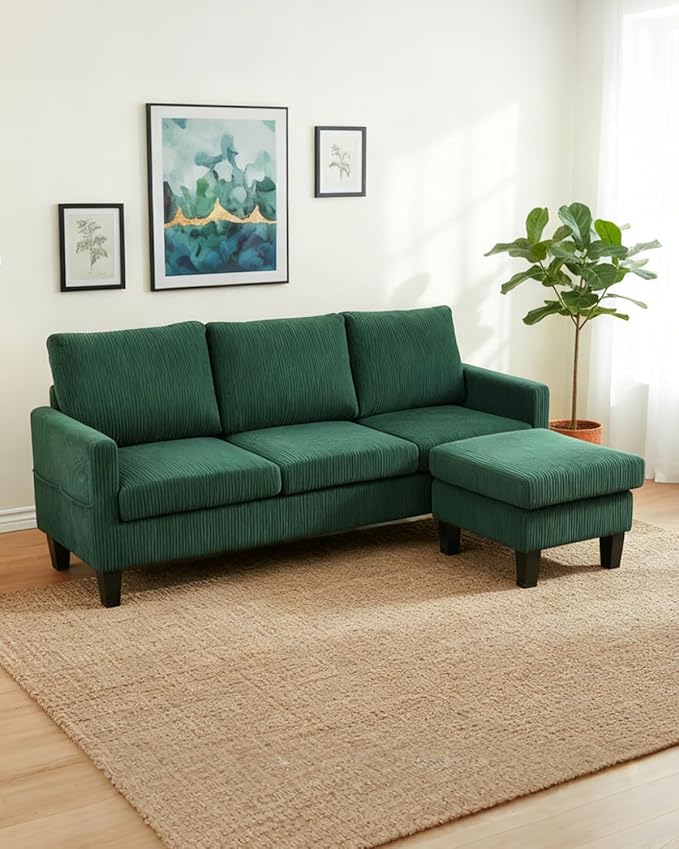 Karl home Small Sectional Couch L Shaped Sofa with Movable Storage Ottoman Corduroy Upholostered Sofa Chaise with Side Pockets for Living Room Apartment Studio Green