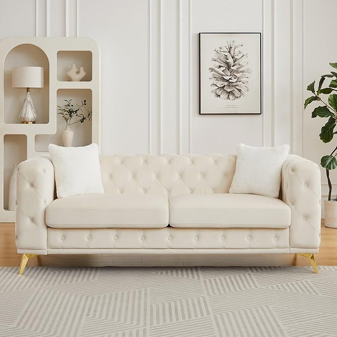 82.5'' Velvet Chesterfield Sofa Button Tufted Upholstered Sofa Couches with 2 Pillows Golden Metal Feets Removable Thick Cushions Comfy Chesterfield Couches for Living Room Apartment Beige