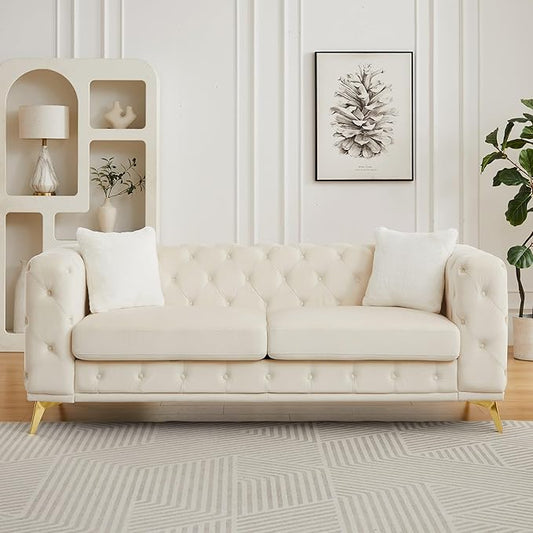 82.5'' Velvet Chesterfield Sofa Button Tufted Upholstered Sofa Couches with 2 Pillows Golden Metal Feets Removable Thick Cushions Comfy Chesterfield Couches for Living Room Apartment Beige