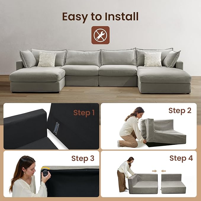 158'' Sectional Couch L-Shape Down Filled Comfy Modular Sectional Sofa with Deep Seat Modular Couch 4 Seater with 4 Pillows &amp 1 Storage Ottoman for Living Room Cover Washable Grey