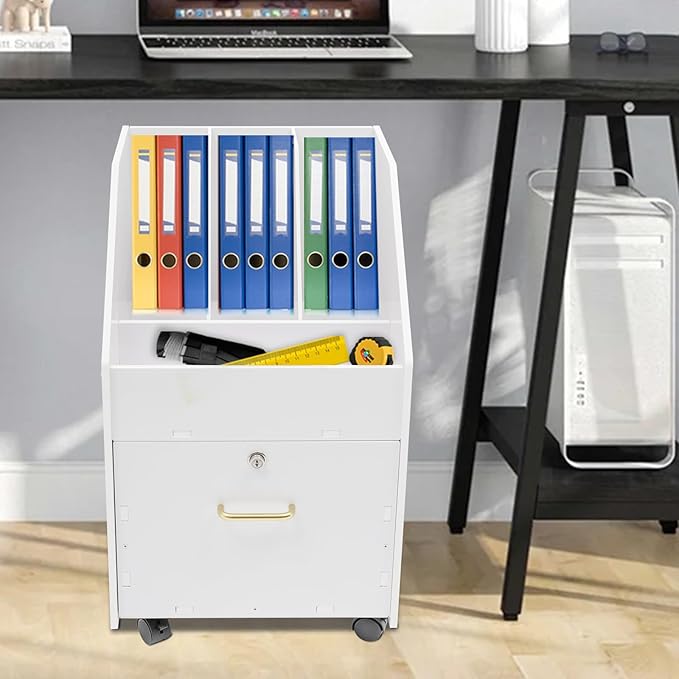 Mobile File Cabinet with Lock Drawer Rolling File Organizer with 3 Open Compartments Under Desk Rolling File Holder for Home Office