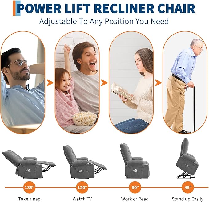 GarveeHome Power Lift Recliner Chair for Elderly with Massage and Heat Oversized Electric Massage &amp Heat Recliner with Soft Padded Upholstery Side Pocket &amp Cup Holders for Living Room Gray