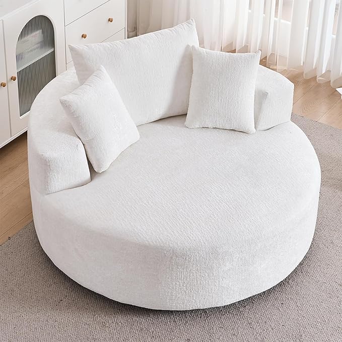 54.5 Beige Oversized Swivel Barrel Chair - Chenille Comfy Modern Sofa Chair Fluffy Upholstered Round Accent Chair Cloud Lounge Armchair with 3 Pillows for Living Room Apartment