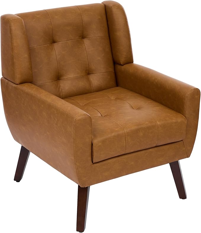 Accent Chair Comfy Mid Century Modern Small Armchairs with Solid Wood Frame and Soft Cushion for Living Room Bedroom (Faux Leather Brown Set of 1)