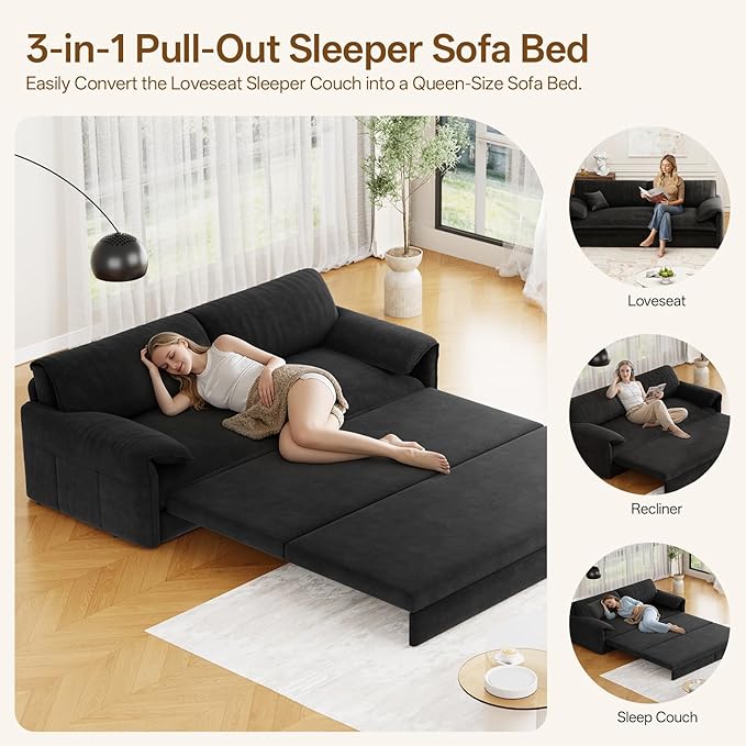 66 Queen Pull Out Couch BedVelvet 3-in-1 Queen-Size Sleeper SofaConvertible Pull-Out Sofa Bed with Side PocketsSleeper Loveseat for Living RoomApartment Offices (Black)
