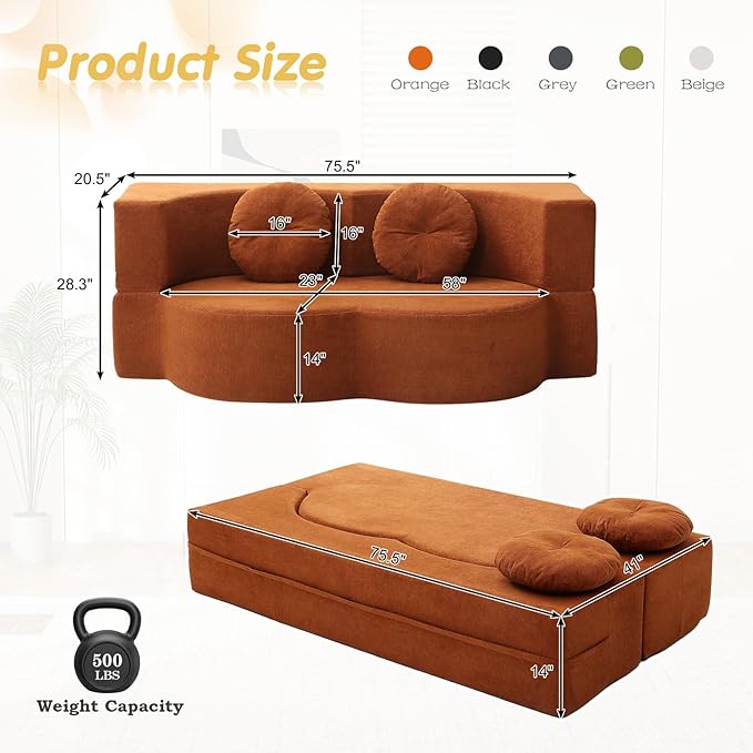 Folding Futon Sofa Bed Modern Convertible Fold Out Chenille Cloud Memory Foam Boneless Floor Lounge Loveseat Sleeper Mattress Sofa Couch with 2 Pillows for Guest Room Living Room Office Orange