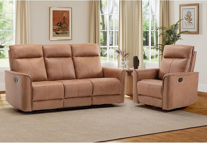 EBELLO Faux Leather Manual Recliner Sofa Set 1 Seat Recliner Chair and a 3 Seat Reclining Couch Furniture Set for Living Room Brown
