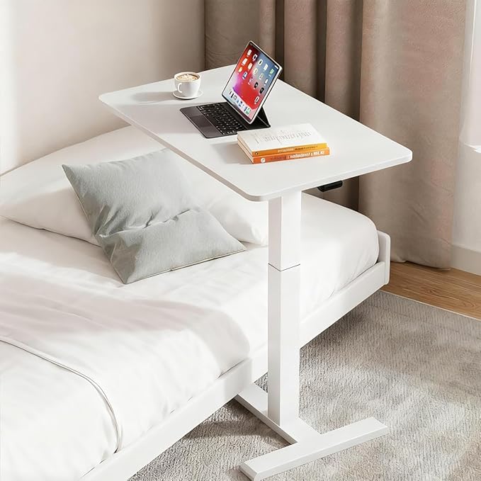 Rolling Standing Desk with Hidden WheelsOverbed Bedside Table Adjustable HeightPneumatic Laptop Desk Rolling Computer Cart for HomeOfficeWhite