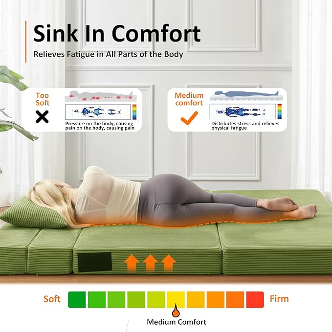 Single Size Folding Sofa Bed - 4 in 1 Convertible Sleeper Chair - High Density Memory Foam Futon Couch - Foldable Bed for Living Room Bedroom (Green)