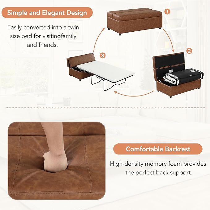 46 Ottoman Folding Bed Twin Size Convertible Ottoman Pull Out Bed with Memory Mattress Foldable Sofa Beds Dual Use Guest Sleeper Couch for Living Room Bedroom Guest Room RV (Brown+PU)