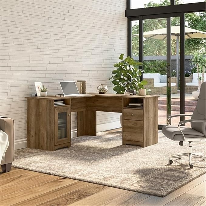 Pemberly Row 60 L-Shaped Engineered Wood Computer Desk Reclaimed Pine Brown Finish Wire Management Storage Cabinet with File Drawer Fluted Glass Door Home Office Desk