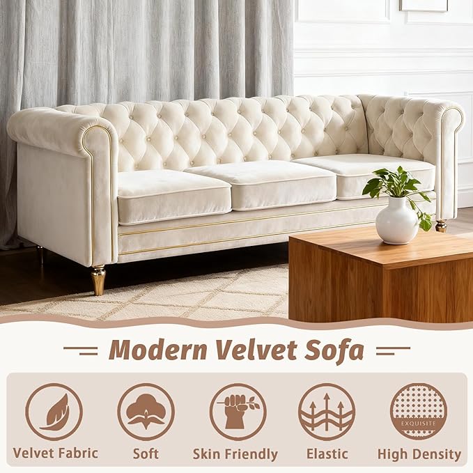 84 Velvet Sofa with Gold Legs Luxury Tufted Couch for Living Room Chesterfield Sofa with Thick Cushion Wide Armrest High-Density Foam Gold Strip Trim (Beige)